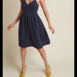 ModCloth open-air flair pleated A-line navy dress